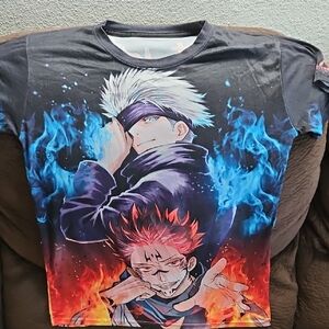 Anime Graphic T-Shirt with Blue and Red Flames